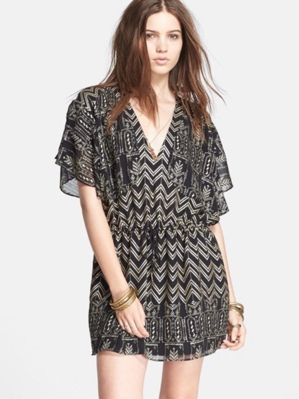 Free People "Love Your Chaos" Black Combo Print Drop Waist Dress Small